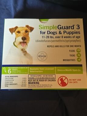SimpleGuard 3 Once-a-Month Spot-On Flea & Tick Treatment For Dogs - 11-20lbs